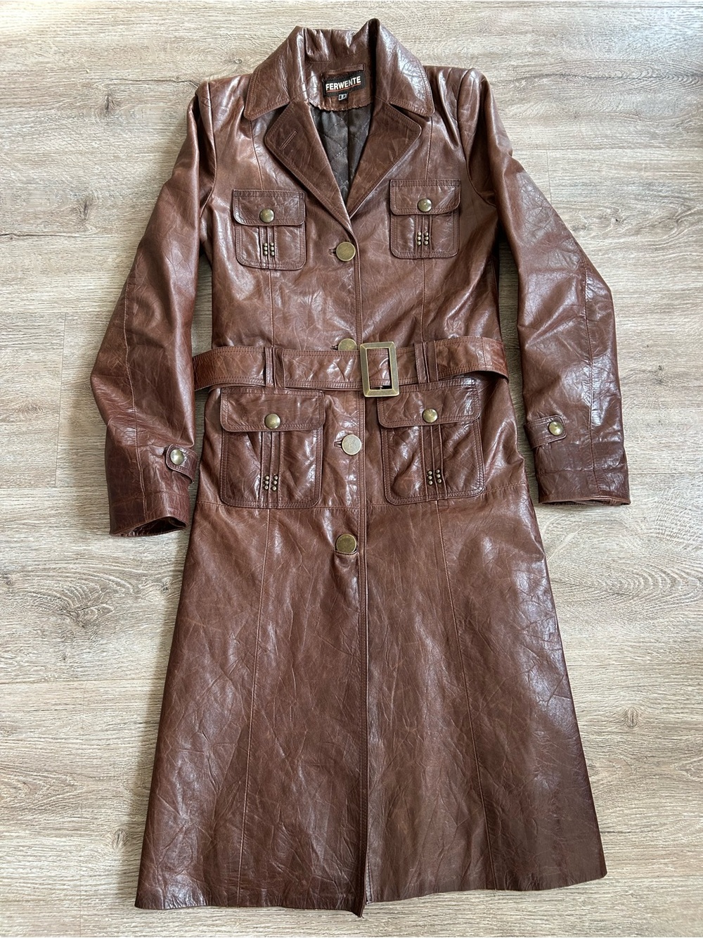Vtg 70’s Brown Leather Trench Coat with Belt